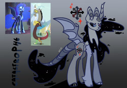 Size: 2388x1639 | Tagged: safe, artist:caramelbolt24, imported from derpibooru, discord, nightmare moon, oc, oc:catastrophe, alicorn, draconequus, pony, chaos undivided, cloven hooves, crack ship offspring, ear fluff, ethereal mane, female, frown, gradient background, helmet, heterochromia, hoof shoes, horn, interspecies offspring, male, mare, offspring, parent:discord, parent:nightmare moon, screencap reference, signature, starry mane