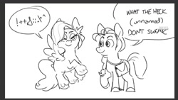 Size: 1346x759 | Tagged: safe, artist:kylesmeallie, imported from derpibooru, pipp petals, sunny starscout, earth pony, pegasus, pony, bag, black and white, censored vulgarity, dialogue, duo, female, g5, grawlixes, grayscale, looking at someone, looking at you, monochrome, parody, pipp, satchel, sketch, speech bubble, spread wings, swearing, vulgar, wings