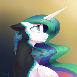 Size: 2480x2480 | Tagged: safe, artist:770418gyygy, imported from derpibooru, princess celestia, oc, oc only, oc:alternia, alicorn, changeling, changeling queen, pony, unicorn, disguise, disguised changeling, fanfic art, female, floppy ears, gradient background, high res, mare, solo