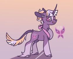 Size: 2014x1641 | Tagged: safe, artist:caramelbolt24, imported from derpibooru, oc, oc only, butterfly, classical unicorn, pony, unicorn, clothes, cloven hooves, ear fluff, gradient background, hoof on chest, horn, leonine tail, magical lesbian spawn, male, offspring, open mouth, parent:fluttershy, parent:twilight sparkle, parents:twishy, scarf, signature, solo, stallion, unicorn oc, unshorn fetlocks