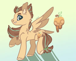 Size: 2042x1639 | Tagged: safe, artist:caramelbolt24, imported from derpibooru, oc, oc only, pegasus, pony, apple, chest fluff, ear fluff, food, gradient background, grin, magical lesbian spawn, male, offspring, parent:applejack, parent:fluttershy, parents:appleshy, pegasus oc, raised hoof, signature, smiling, solo, stallion, two toned wings, unshorn fetlocks, wings