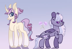 Size: 2388x1621 | Tagged: safe, artist:caramelbolt24, imported from derpibooru, oc, oc only, pegasus, pony, unicorn, colored hooves, duo, ear fluff, gradient background, grin, horn, magical lesbian spawn, offspring, parent:fluttershy, parent:pinkie pie, parent:rarity, parent:twilight sparkle, parents:flarity, parents:twinkie, pegasus oc, raised hoof, signature, smiling, two toned wings, unicorn oc, wings