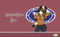 Size: 1920x1200 | Tagged: safe, artist:solar wishbone studios, imported from derpibooru, oc, oc only, oc:daisy pumpkin, anthro, pegasus, pony, clothes, deviantart, fingerless gloves, gloves, hoodie, pants, ponytail, solarwishbonestudios, solo, symbol, wallpaper, wearewishboneheroes, wishbone heroes, wishbonemakerstudios