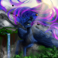 Size: 3200x3200 | Tagged: safe, artist:livitoza, imported from derpibooru, princess luna, alicorn, pony, ethereal mane, female, galaxy mane, giant pony, macro, mare, planet, scenery, solar system, solo, starry mane, waterfall