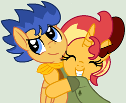 Size: 565x463 | Tagged: safe, artist:jadeharmony, artist:jadethepegasus, imported from derpibooru, flash sentry, sunset shimmer, pegasus, pony, unicorn, camp camp, clothes, crossover, david (camp camp), eyes closed, female, flashimmer, gray background, grin, gwen (camp camp), gwenvid, hat, hug, male, mare, rooster teeth, shipping, shirt, simple background, smiling, stallion, straight, t-shirt, vest