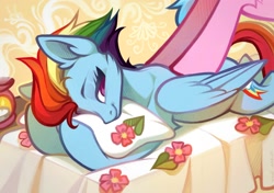 Size: 2000x1407 | Tagged: safe, artist:rrd-artist, imported from derpibooru, aloe, rainbow dash, earth pony, pegasus, pony, alternate hairstyle, candle, cute, dashabetes, ear fluff, female, female focus, flower, mare, massage, pillow, relaxing, sheet, solo focus, spa