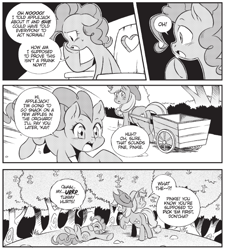 Size: 692x769 | Tagged: safe, imported from derpibooru, pinkie pie, earth pony, pony, my little pony: the manga, my little pony: the manga volume 2, spoiler:manga, spoiler:manga2, apple, burp, butt, cart, comic, eating, fat, female, food, food baby, lying down, mare, monochrome, on back, pinkie being pinkie, plot, pudgy pie, stuffed, stuffed belly, this ended in weight gain, this will end in weight gain, tongue out, tree