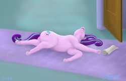 Size: 1300x839 | Tagged: safe, artist:soobel, imported from derpibooru, starlight glimmer, pony, unicorn, female, frog (hoof), lying down, on side, scroll, side, sleeping, solo, tired, underhoof