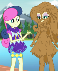 Size: 500x610 | Tagged: safe, artist:amateur-draw, edit, imported from derpibooru, screencap, bon bon, fluttershy, sweetie drops, equestria girls, legend of everfree, clothes, covered in mud, dress, mud, mud bath, mud edit, show accurate, wet and messy