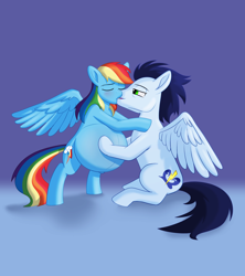 Size: 2932x3300 | Tagged: safe, artist:parturient, imported from derpibooru, rainbow dash, soarin', pegasus, pony, belly, belly button, big belly, blushing, eyes closed, female, kissing, male, male and female, mare, mare and stallion, momma dash, outie belly button, preggo dash, pregnant, shipping, simple background, soarindash, spread wings, stallion, straight, wings