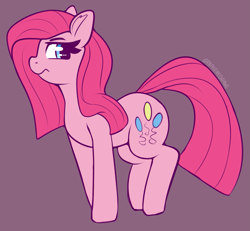 Size: 1683x1558 | Tagged: safe, artist:graphene, imported from derpibooru, pinkie pie, earth pony, pony, female, looking at you, mare, pinkamena diane pie, profile, simple background, solo, standing