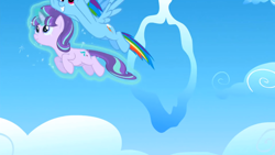 Size: 1366x768 | Tagged: safe, imported from derpibooru, screencap, rainbow dash, starlight glimmer, pegasus, pony, unicorn, season 5, the cutie re-mark, female, levitation, magic, self-levitation, telekinesis