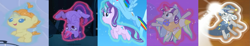 Size: 1811x331 | Tagged: safe, edit, edited screencap, imported from derpibooru, screencap, pumpkin cake, rainbow dash, star swirl the bearded, starlight glimmer, twilight sparkle, twilight velvet, pony, unicorn, baby cakes, once upon a zeppelin, the beginning of the end, the crystal empire, the cutie re-mark, compilation, cute, female, levitation, magic, male, mare, self-levitation, smiling, telekinesis