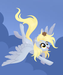 Size: 1024x1214 | Tagged: safe, artist:kabuvee, imported from derpibooru, derpy hooves, pegasus, pony, female, flying, food, mare, muffin, on head, open mouth, sitting on head, sky background, smiling, solo, spread wings, three quarter view, wings