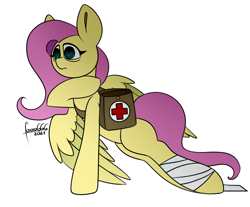 Size: 2300x1900 | Tagged: safe, artist:foxxo666, imported from derpibooru, fluttershy, pegasus, pony, creepy, injured, medic, medical saddlebag, military, sad, tired, war