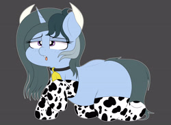 Size: 4000x2934 | Tagged: safe, artist:blitzyflair, imported from derpibooru, imported from ponybooru, oc, oc only, oc:blitzy flair, pony, unicorn, bell, bell collar, black background, chubby, clothes, collar, cow horns, cowbell, cowprint, female, gloves, kneeling, lidded eyes, long gloves, mare, open mouth, plump, raised hoof, raised leg, simple background, socks, solo, stockings, thigh highs, tongue out