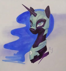 Size: 2448x2612 | Tagged: safe, artist:770418gyygy, imported from derpibooru, nightmare moon, alicorn, pony, armor, bust, female, helmet, high res, looking at you, mare, marker drawing, portrait, slit pupils, solo, three quarter view, traditional art