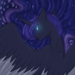 Size: 2048x2048 | Tagged: safe, artist:lunathemoongod, imported from derpibooru, princess luna, alicorn, pony, colored wings, glowing eyes, night, sketch, stars, wings