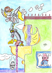 Size: 1024x1447 | Tagged: safe, artist:gafelpoez, imported from derpibooru, derpy hooves, discord, spike, pony, balcony