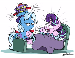 Size: 2324x1796 | Tagged: safe, artist:bobthedalek, imported from derpibooru, starlight glimmer, trixie, pony, unicorn, airhorn, bed, bed mane, clothes, duo, duo female, female, hat, high res, inconvenient trixie, mare, pajamas, smug, startled, this will end in tinnitus, top hat