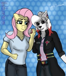 Size: 1000x1147 | Tagged: safe, artist:bronywishbone, artist:solar wishbone studios, imported from derpibooru, fluttershy, oc, oc:sarafina, anthro, pegasus, plantigrade anthro, pony, wolf, abstract background, background, belt buckle, clothes, cody chamberlain, cute, friendship, hair bun, hexagon, jacket, jewelry, nails, pants, pattern, posing for photo, shading, shirt, straps, symbol, together, wearewishboneheroes, wishbone heroes