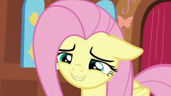Size: 1920x1080 | Tagged: safe, imported from derpibooru, screencap, fluttershy, pegasus, pony, fluttershy leans in, cute, female, floppy ears, lidded eyes, lip bite, mare, shyabetes, smiling, solo