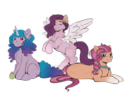 Size: 1600x1198 | Tagged: safe, artist:dinosaphira99, imported from derpibooru, izzy moonbow, pipp petals, sunny starscout, earth pony, pegasus, pony, unicorn, ball, blushing, braid, chest fluff, deviantart watermark, ear fluff, eyes closed, female, g5, izzy's tennis ball, looking at you, mare, obtrusive watermark, pipp, raised hoof, simple background, sitting, smiling, spread wings, tennis ball, transparent background, watermark, wings