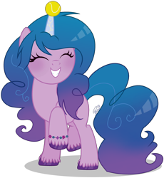 Size: 3026x3283 | Tagged: safe, artist:brushprism, artist:teepew, imported from derpibooru, izzy moonbow, pony, unicorn, ball, bracelet, cute, eyes closed, female, g5, grin, happy pony, high res, horn, horn guard, horn impalement, hornball, izzy's tennis ball, izzybetes, jewelry, mare, mlpg5, my little pony, pink, raised hoof, simple background, smiling, solo, teeth, tennis ball, transparent background, unshorn fetlocks