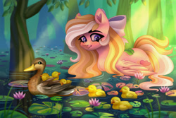 Size: 3000x2000 | Tagged: safe, artist:irinamar, imported from derpibooru, oc, oc only, oc:bay breeze, bird, duck, pegasus, pony, blushing, bow, cute, duckling, female, lilypad, mare, not fluttershy, pond, solo, solo female, swimming, tree, water