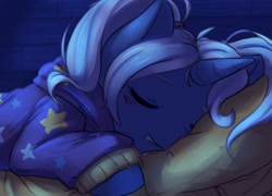 Size: 1280x922 | Tagged: safe, artist:aquoquoo, imported from derpibooru, trixie, pony, unicorn, alternate hairstyle, babysitter trixie, clothes, drool, eyes closed, female, hoodie, horn, mare, pillow, sleeping, solo