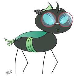Size: 4000x4000 | Tagged: safe, artist:evan555alpha, imported from ponybooru, oc, oc only, oc:yvette (evan555alpha), changeling, changeling oc, dorsal fin, evan's daily buggo, fangs, female, forked tongue, glasses, green tongue, in a nutshell, lidded eyes, ponybooru exclusive, raised hoof, raised leg, round glasses, signature, simple background, solo, stylistic suck, technicolor tongue, tongue out, transparent background
