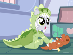 Size: 1000x750 | Tagged: safe, artist:veemonsito, imported from derpibooru, dinosaur, earth pony, pony, clothes, costume, diaper, diapering, earth, kigurumi, onesie, plushie, toddler