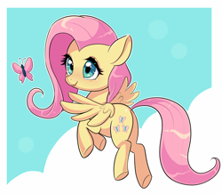 Size: 970x845 | Tagged: safe, artist:faeriebottle, imported from derpibooru, fluttershy, butterfly, pegasus, pony, blushing, cloud, cute, daaaaaaaaaaaw, female, flying, head turned, looking at something, mare, open mouth, outline, redraw, shyabetes, sky, sky background, smiling, solo, spread wings, white outline, wings