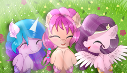Size: 1750x1006 | Tagged: safe, artist:jadebreeze115, imported from derpibooru, izzy moonbow, pipp petals, sunny starscout, earth pony, pegasus, pony, unicorn, adorapipp, blushing, braid, colored wings, cute, eyelashes, eyes closed, female, flower, g5, gradient wings, grass, grass field, head turned, high res, izzybetes, jewelry, lying down, mare, open mouth, pipp, raised hoof, smiling, spread wings, sunnybetes, trio, trio female, turned head, unshorn fetlocks, wings