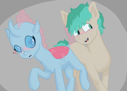 Size: 2800x2000 | Tagged: safe, anonymous artist, imported from derpibooru, ocellus, sandbar, changedling, changeling, earth pony, pony, blushing, female, male, nervous, ocelbar, shipping, simple background, straight