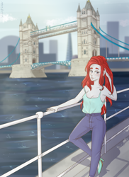 Size: 900x1238 | Tagged: safe, artist:silbersternenlicht, imported from derpibooru, oc, oc only, oc:gallop crush, human, equestria girls, commission, humanized, humanized oc, london, looking at you, solo, tower bridge