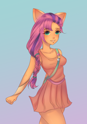 Size: 1226x1748 | Tagged: safe, artist:dzyxchan, imported from derpibooru, sunny starscout, anthro, ambiguous facial structure, badge, bag, braid, breasts, busty sunny starscout, clothes, female, g5, gradient background, skirt, solo