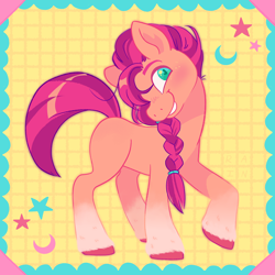 Size: 1800x1800 | Tagged: safe, artist:umbrellamachine, artist:umbrellascribbles, imported from derpibooru, sunny starscout, earth pony, pony, abstract background, blushing, braid, coat markings, crescent, cute, female, g5, grin, heart eyes, mare, moon, smiling, socks (coat markings), solo, stars, sunnybetes, teeth, unshorn fetlocks, wingding eyes