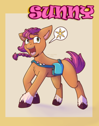 Size: 1206x1528 | Tagged: safe, artist:drjoshfox, imported from derpibooru, sunny starscout, earth pony, pony, abstract background, badge, bag, braid, chest fluff, female, g5, mare, open mouth, solo, text, unshorn fetlocks