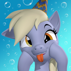 Size: 1060x1060 | Tagged: safe, artist:owlpirate, imported from derpibooru, derpy hooves, pegasus, pony, 3d, bubble background, cute, derp, derpabetes, derpy day, female, hat, hooves on cheeks, mare, party hat, smiling, solo, source filmmaker, tongue out