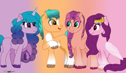 Size: 4350x2540 | Tagged: safe, artist:twinklesentrymlp0809, imported from derpibooru, hitch trailblazer, izzy moonbow, pipp petals, sunny starscout, earth pony, pegasus, pony, unicorn, adorapipp, cute, female, g4, g5, g5 to g4, gradient background, group, high res, hitchbetes, izzybetes, looking at each other, male, mare, open mouth, pipp, raised hoof, smiling, stallion, sunnybetes, unshorn fetlocks