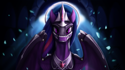 Size: 3840x2160 | Tagged: safe, artist:tenebrisnoctus, imported from derpibooru, twilight sparkle, alicorn, pony, the last problem, armor, backlighting, backlit, dark, female, high res, horn guard (armor), mare, older, older twilight, princess twilight 2.0, solo, twilight sparkle (alicorn), warrior twilight sparkle