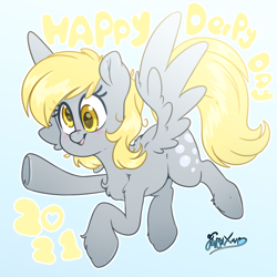 Size: 2000x2000 | Tagged: safe, artist:fluffyxai, imported from derpibooru, derpy hooves, pegasus, cute, derpy day, derpy day 2021, flying, happy, looking at you, simle background, smiling, text, waving at you