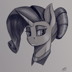 Size: 2160x2160 | Tagged: safe, artist:tenebrisnoctus, imported from derpibooru, rarity, pony, unicorn, alternate hairstyle, bust, female, grin, lidded eyes, mare, monochrome, portrait, signature, sketch, smiling, solo