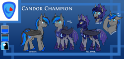 Size: 2500x1200 | Tagged: safe, artist:cosmalumi, artist:its-gloomy, imported from derpibooru, oc, oc:candor champion, bat pony, bat pony unicorn, hybrid, unicorn, armor, bat pony oc, bat wings, horn, night guard, night guard armor, reference sheet, wings