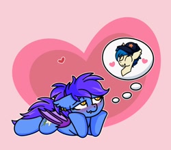 Size: 1000x875 | Tagged: safe, artist:sugar morning, imported from derpibooru, oc, oc:evening lily, oc:moonshot, bat pony, blushing, cap, eveshot, hat, heart, holiday, piercing, ponytail, shipping, thinking, valentine's day