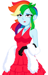 Size: 890x1401 | Tagged: safe, artist:rosemile mulberry, imported from derpibooru, rainbow dash, equestria girls, alternate hairstyle, breasts, cleavage, clothes, dress, ear piercing, earring, evening gloves, eyeshadow, feather boa, female, gloves, jewelry, lipstick, long gloves, makeup, necklace, not amused face, piercing, rainbow dash always dresses in style, rainbow dash is not amused, red dress, red lipstick, simple background, sleeveless, solo, tomboy taming, unamused