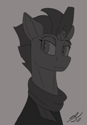 Size: 1500x2160 | Tagged: safe, artist:tenebrisnoctus, imported from derpibooru, fizzlepop berrytwist, tempest shadow, pony, unicorn, broken horn, bust, clothes, female, grayscale, horn, mare, monochrome, portrait, scarf, signature, sketch, smiling, solo