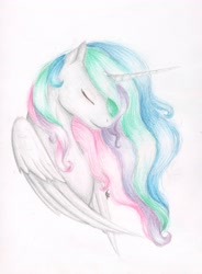 Size: 2179x2960 | Tagged: safe, artist:yeahbutthendragons, imported from derpibooru, princess celestia, alicorn, pony, bust, colored pencil drawing, colored pencils, eyes closed, female, mare, portrait, signature, simple background, solo, traditional art, white background