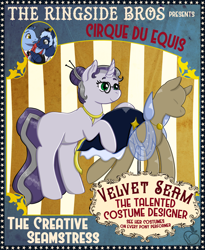 Size: 2300x2800 | Tagged: safe, artist:peachy-pea, imported from derpibooru, part of a set, oc, oc only, pony, unicorn, series:cirqueduequis, circus, clothes, dress, dress form, ear fluff, female, high res, mannequin, mare, meta, pins, poster, seamstress, sewing, solo